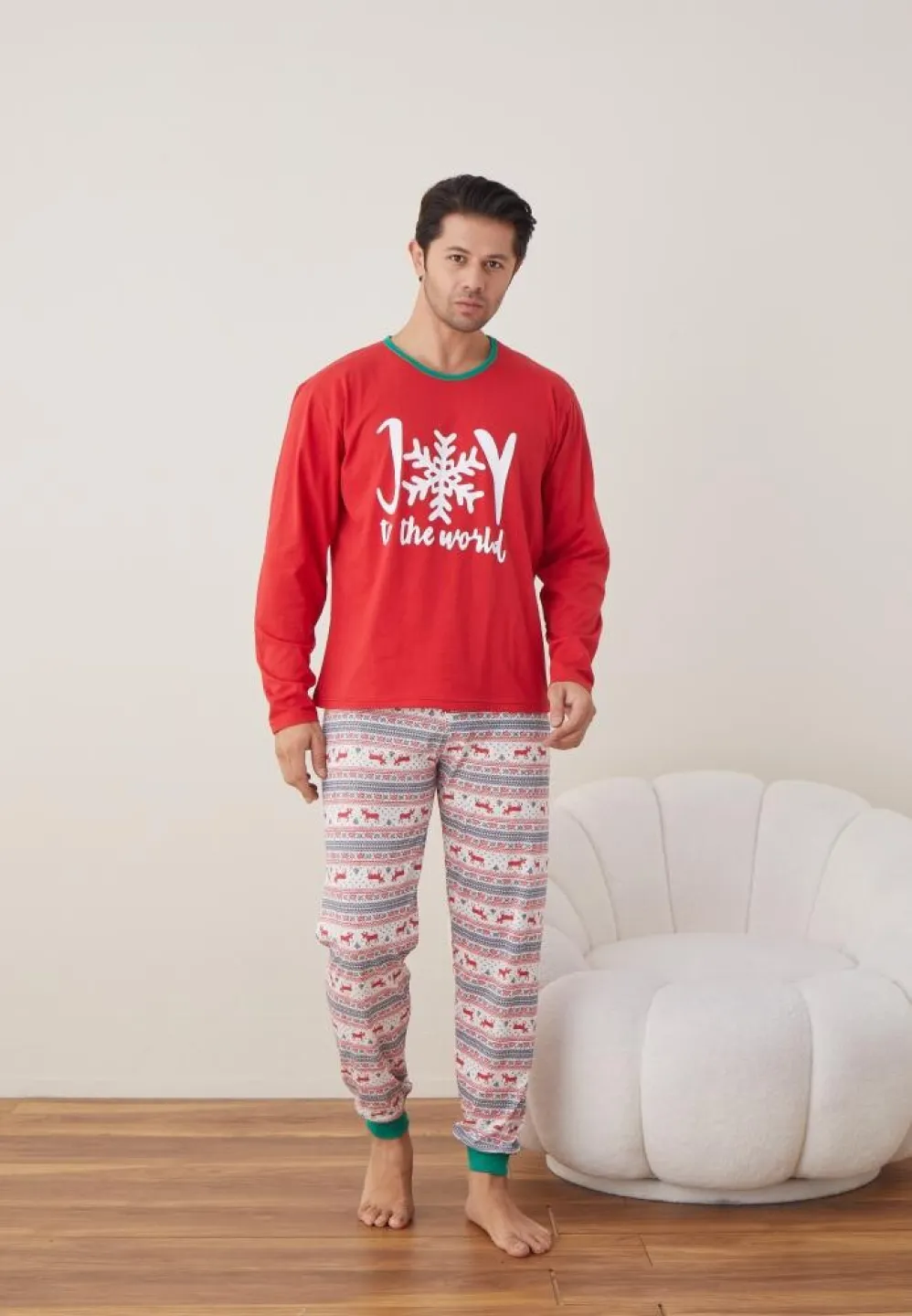 Pijama Craciun Barbat maneca lunga pantaloni lungi rosu Joy - 5