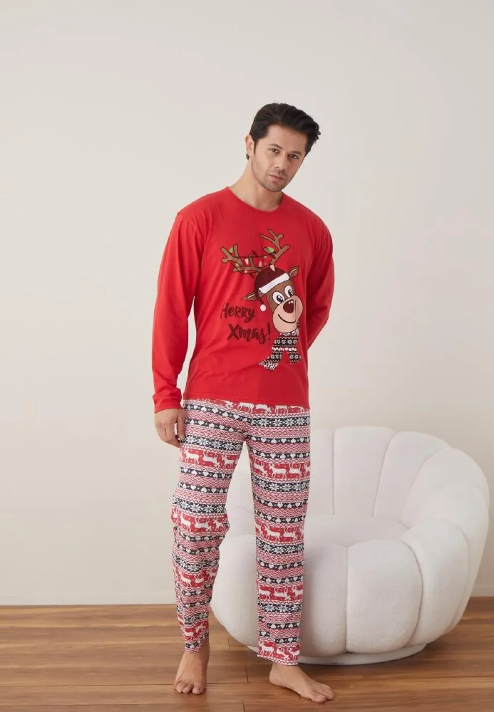 Pijama Craciun Barbat Pantaloni Lungi Maneca Lunga Rosu,Herry Xmas - 3
