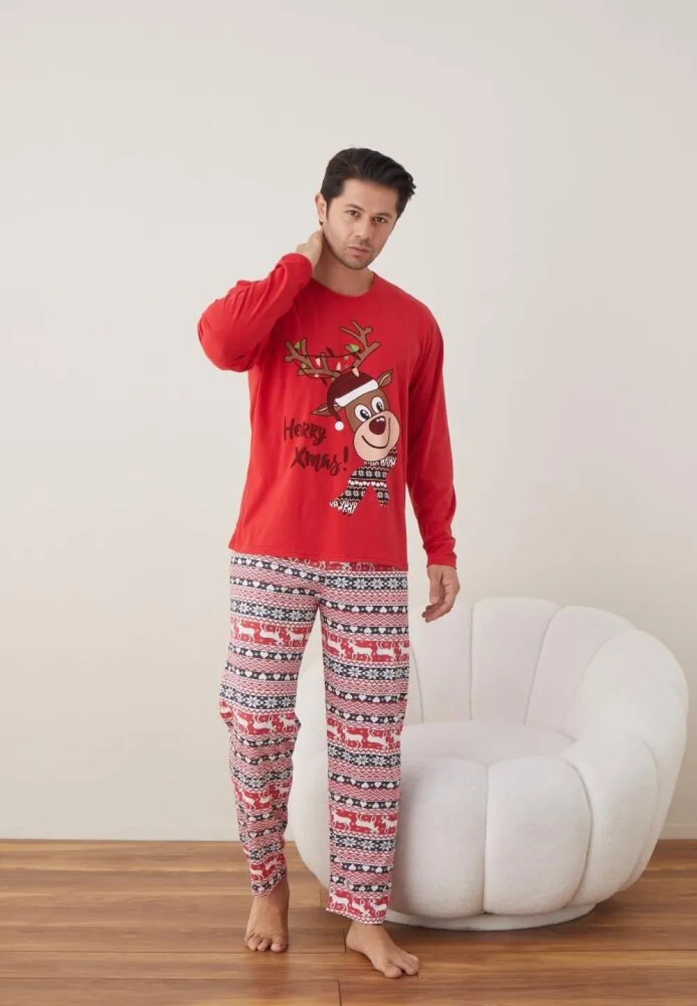 Pijama Craciun Barbat Pantaloni Lungi Maneca Lunga Rosu,Herry Xmas - 4