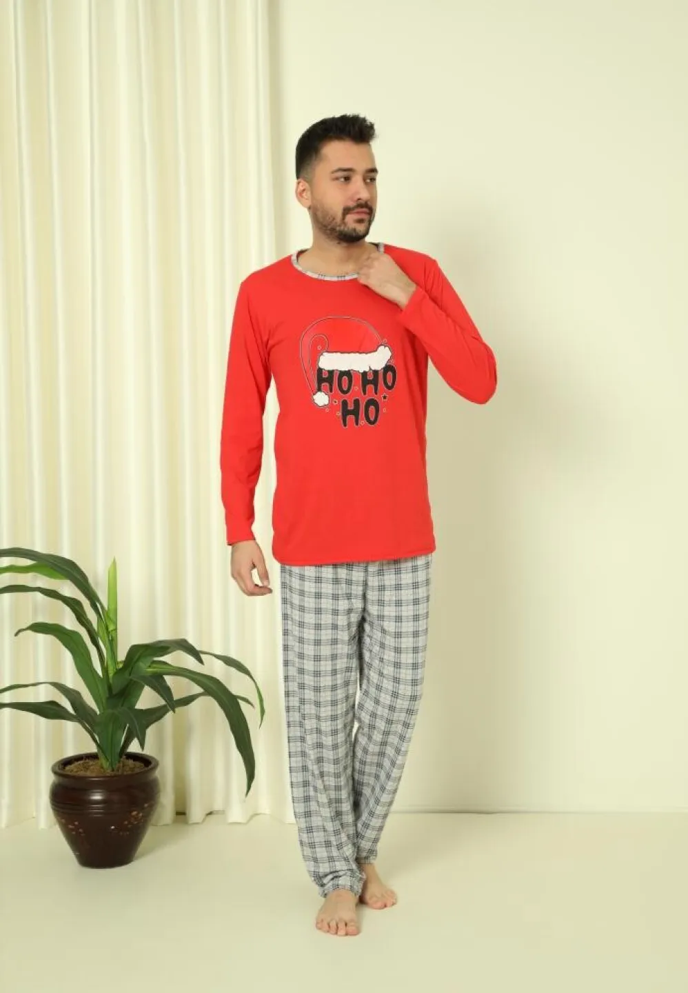 Pijama Craciun Barbat Pantaloni Lungi Maneca Lunga Rosu, HO HO HO - 2