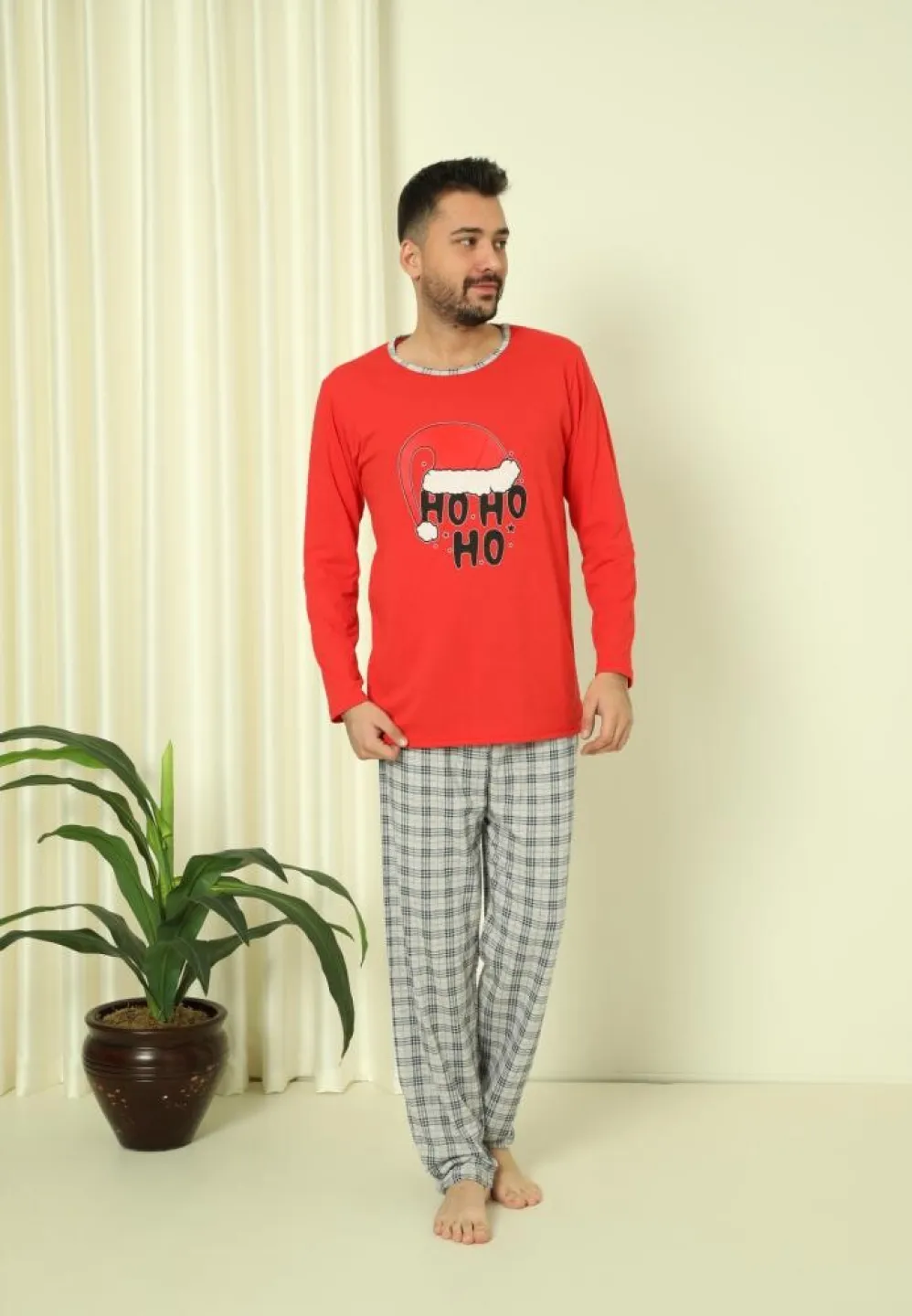 Pijama Craciun Barbat Pantaloni Lungi Maneca Lunga Rosu, HO HO HO - 1