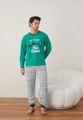 Pijama Craciun Barbat Pantaloni Lungi Maneca Lunga Verde, Merry Christmas