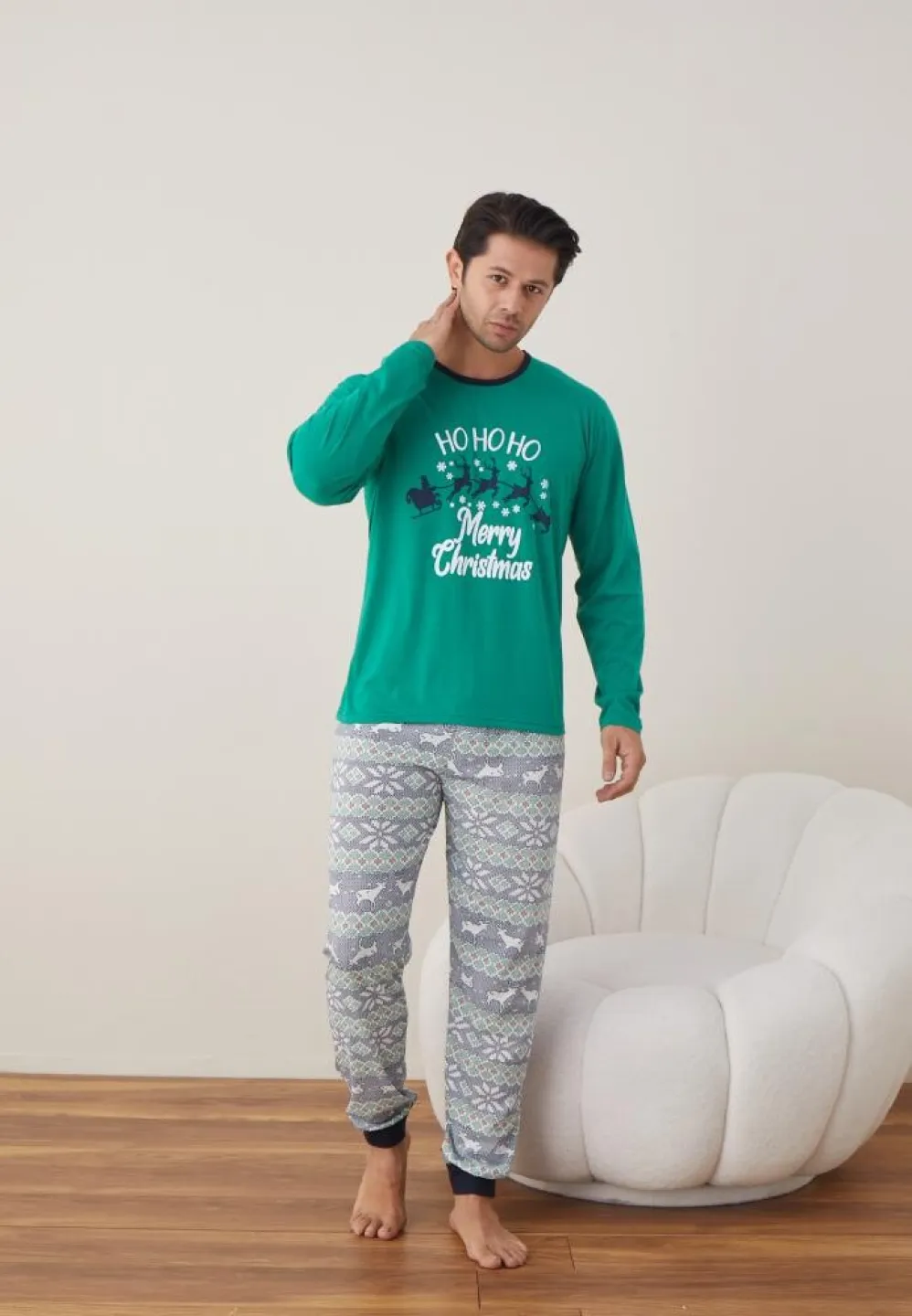 Pijama Craciun Barbat Pantaloni Lungi Maneca Lunga Verde, Merry Christmas - 3