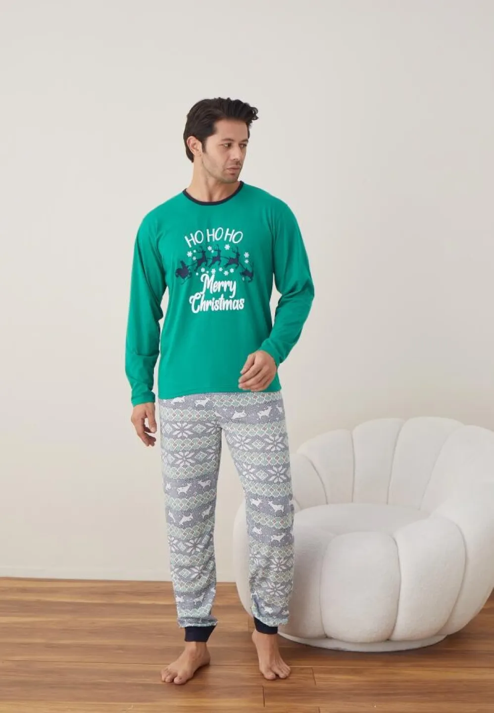 Pijama Craciun Barbat Pantaloni Lungi Maneca Lunga Verde, Merry Christmas - 4