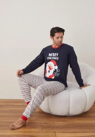 Pijama Craciun Barbat Pantaloni Lungi Maneca Lunga Bleumarin, Merry Christmas hover