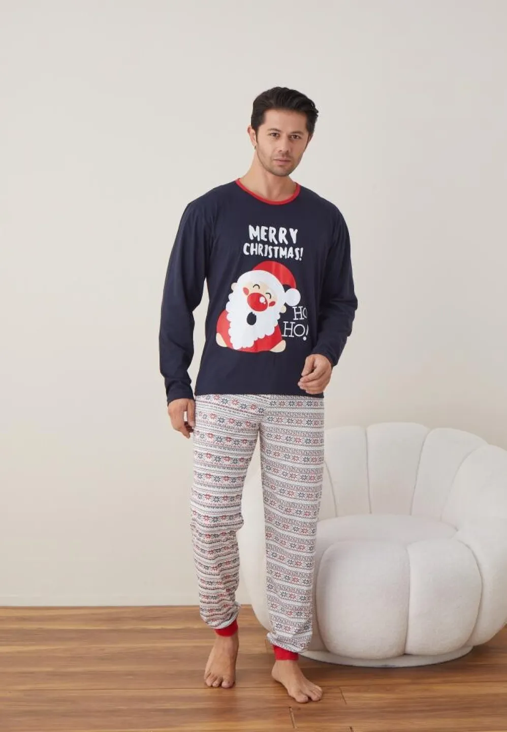 Pijama Craciun Barbat Pantaloni Lungi Maneca Lunga Bleumarin, Merry Christmas - 4