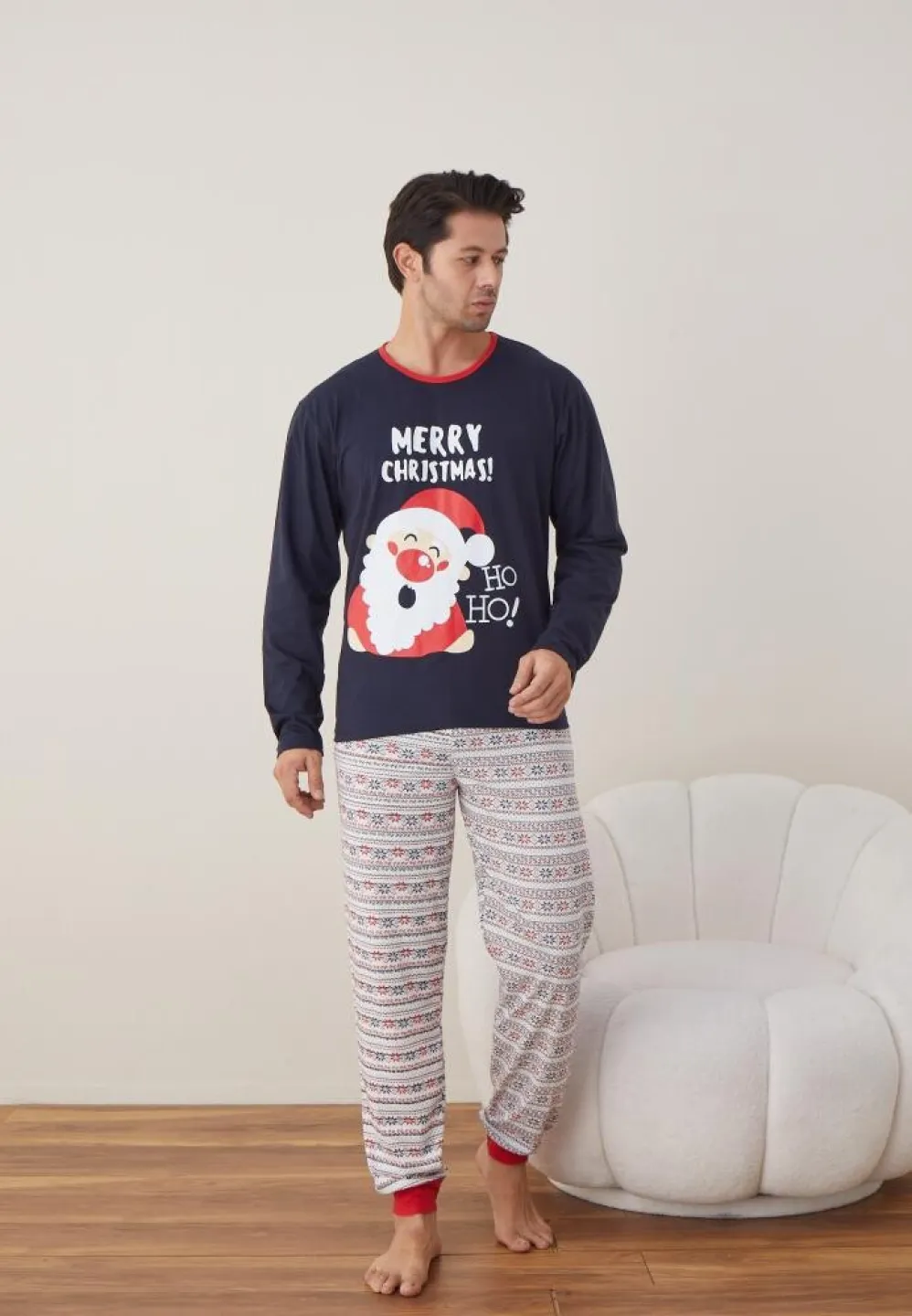 Pijama Craciun Barbat Pantaloni Lungi Maneca Lunga Bleumarin, Merry Christmas - 1