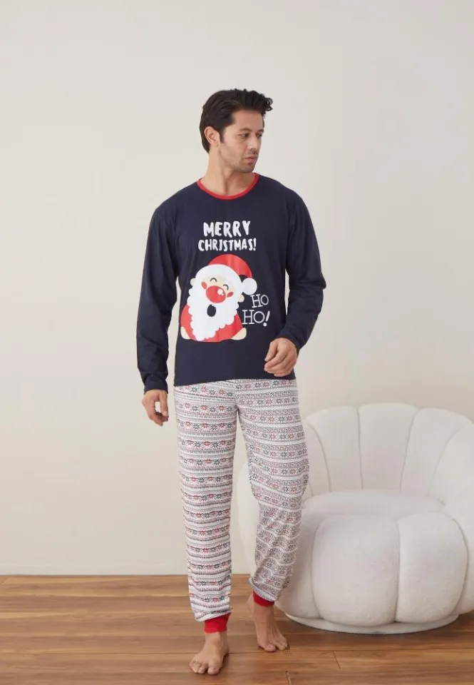 Pijama Craciun Barbat Pantaloni Lungi Maneca Lunga Bleumarin, Merry Christmas