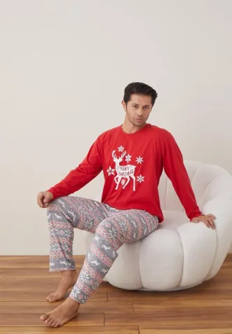Pijama Craciun Barbat Pantaloni Lungi Maneca Lunga, Rosu, Merry Christmas hover