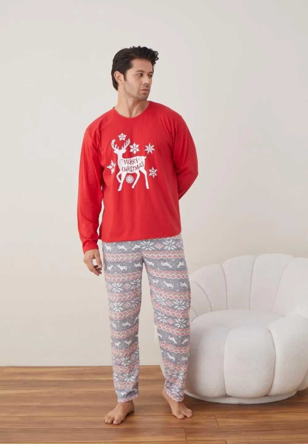 Pijama Craciun Barbat Pantaloni Lungi Maneca Lunga, Rosu, Merry Christmas - 4