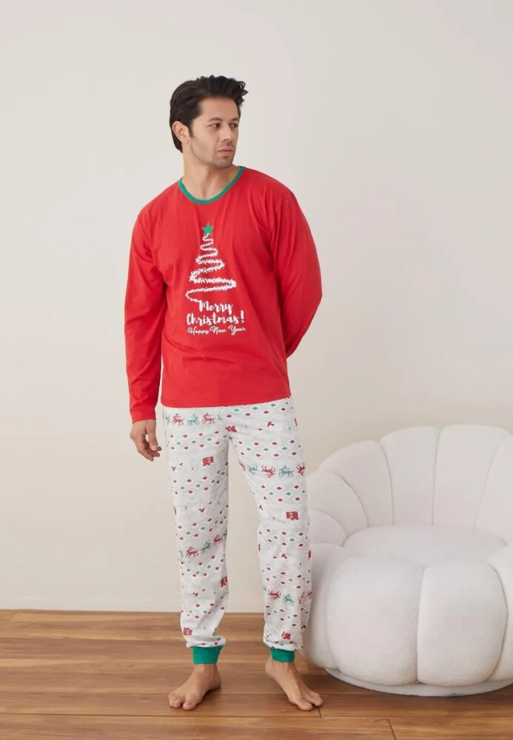 Pijama Craciun Barbat Pantaloni Lungi Maneca Lunga, Rosu, Brad - 1