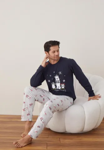 Pijama Craciun Barbat Pantaloni Lungi Maneca Lunga, Bleumarin, Forever Friends hover