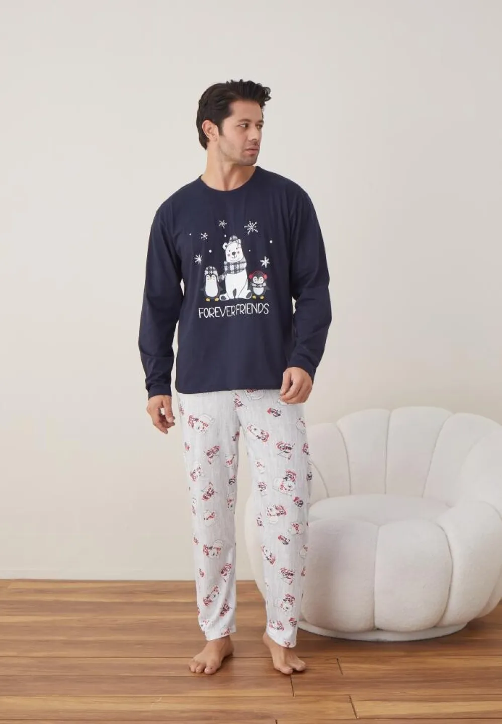 Pijama Craciun Barbat Pantaloni Lungi Maneca Lunga, Bleumarin, Forever Friends - 1