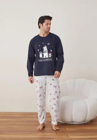 Pijama Craciun Barbat Pantaloni Lungi Maneca Lunga, Bleumarin, Forever Friends