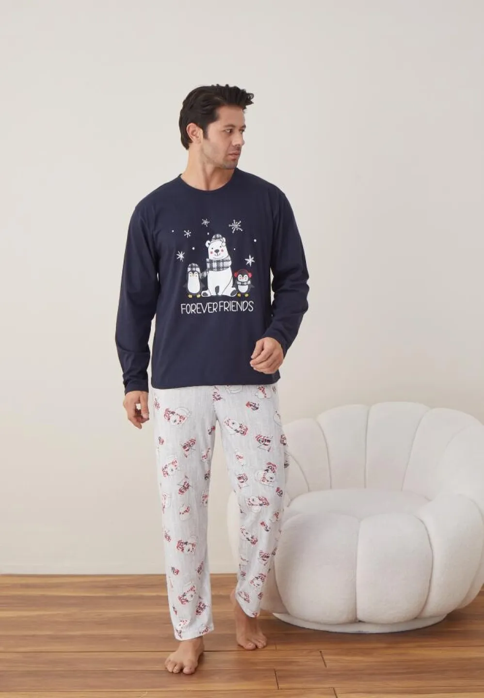 Pijama Craciun Barbat Pantaloni Lungi Maneca Lunga, Bleumarin, Forever Friends - 3