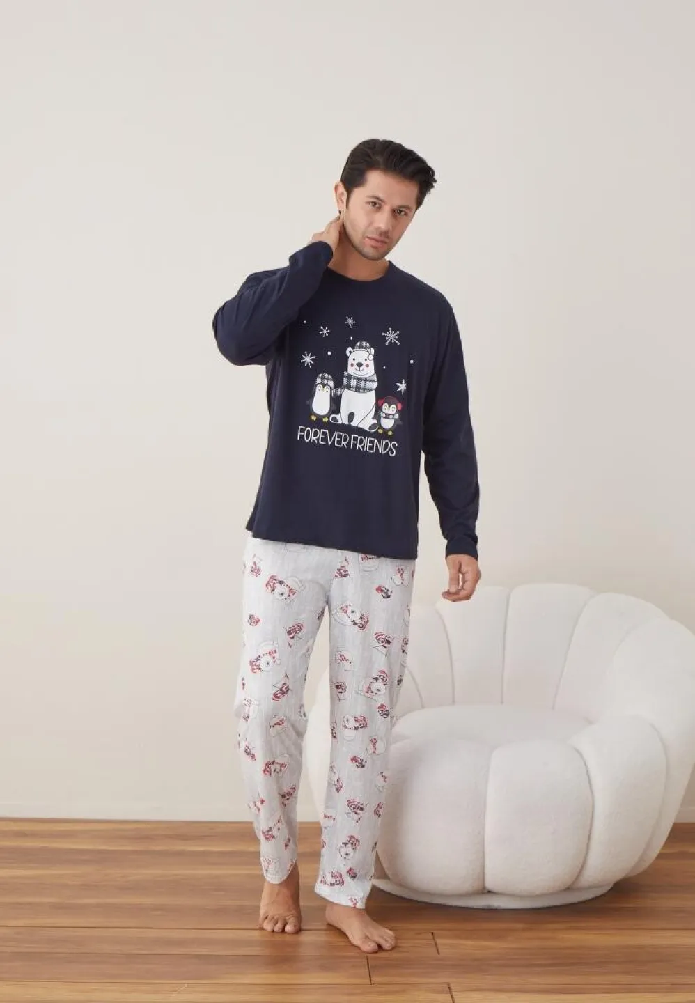 Pijama Craciun Barbat Pantaloni Lungi Maneca Lunga, Bleumarin, Forever Friends - 5