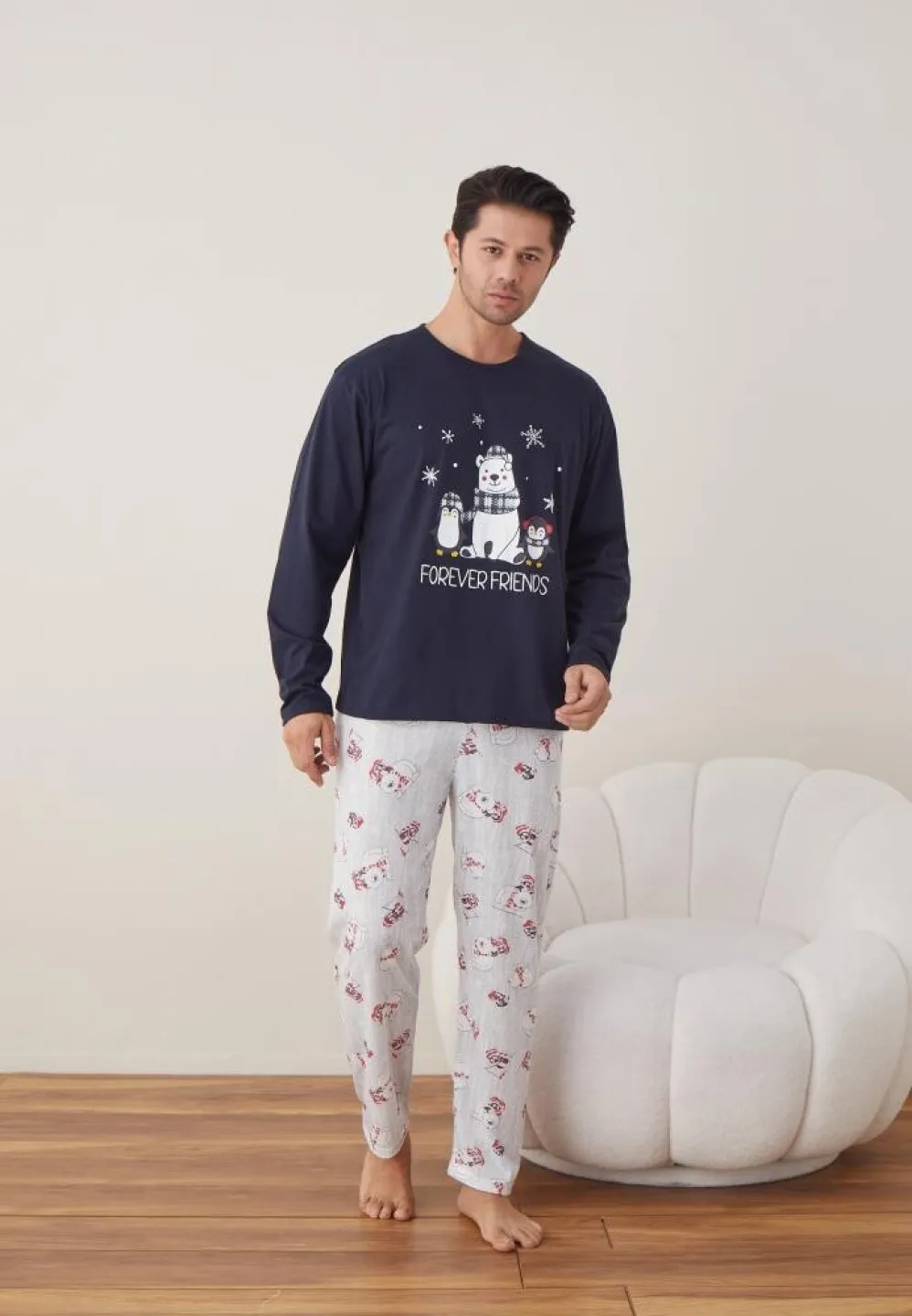 Pijama Craciun Barbat Pantaloni Lungi Maneca Lunga, Bleumarin, Forever Friends - 6