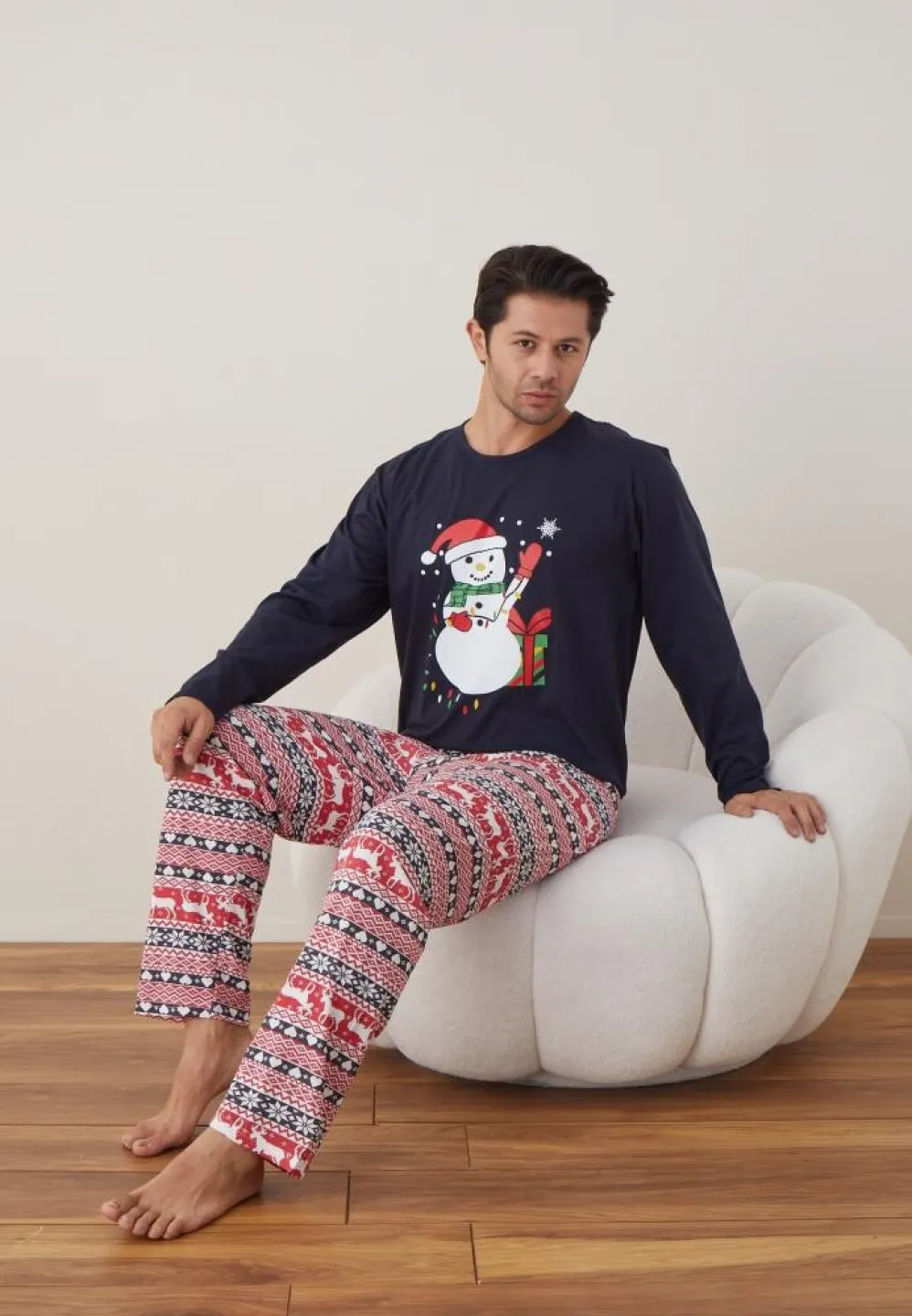 Pijama Crăciun Bărbat, Pantaloni Lungi, Mânecă Lungă, Bleumarin, Om de Zăpadă - 2