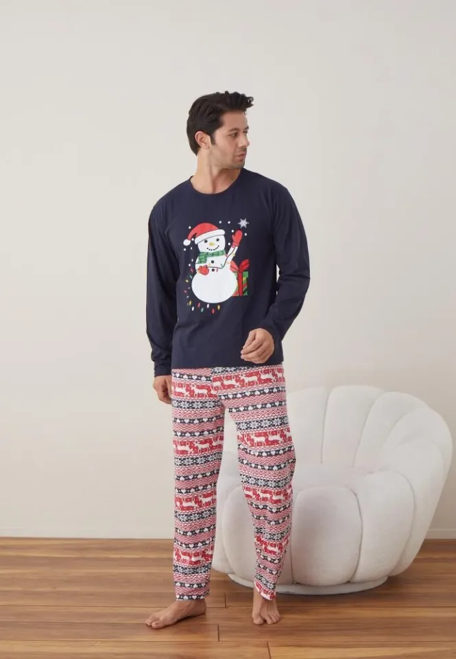 Pijama Crăciun Bărbat, Pantaloni Lungi, Mânecă Lungă, Bleumarin, Om de Zăpadă