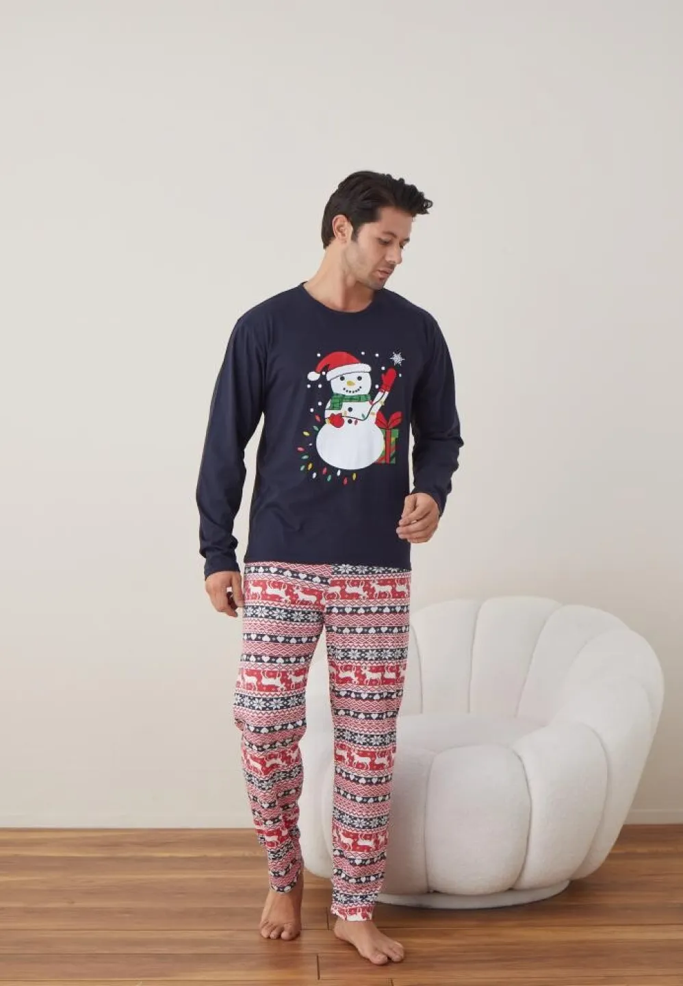 Pijama Crăciun Bărbat, Pantaloni Lungi, Mânecă Lungă, Bleumarin, Om de Zăpadă - 3