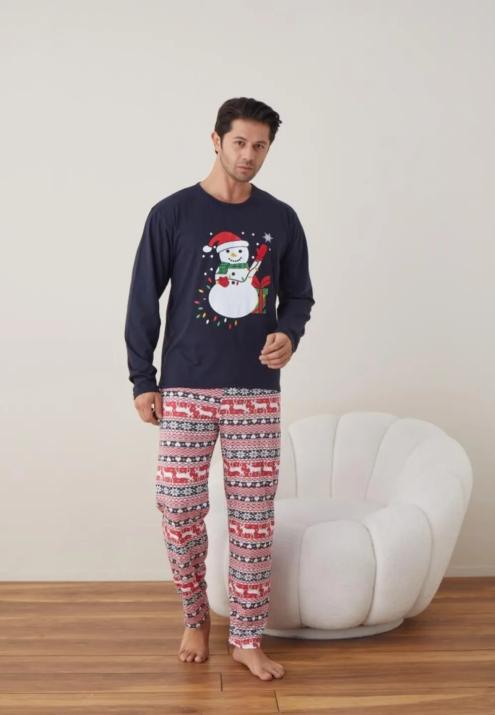 Pijama Crăciun Bărbat, Pantaloni Lungi, Mânecă Lungă, Bleumarin, Om de Zăpadă - 4