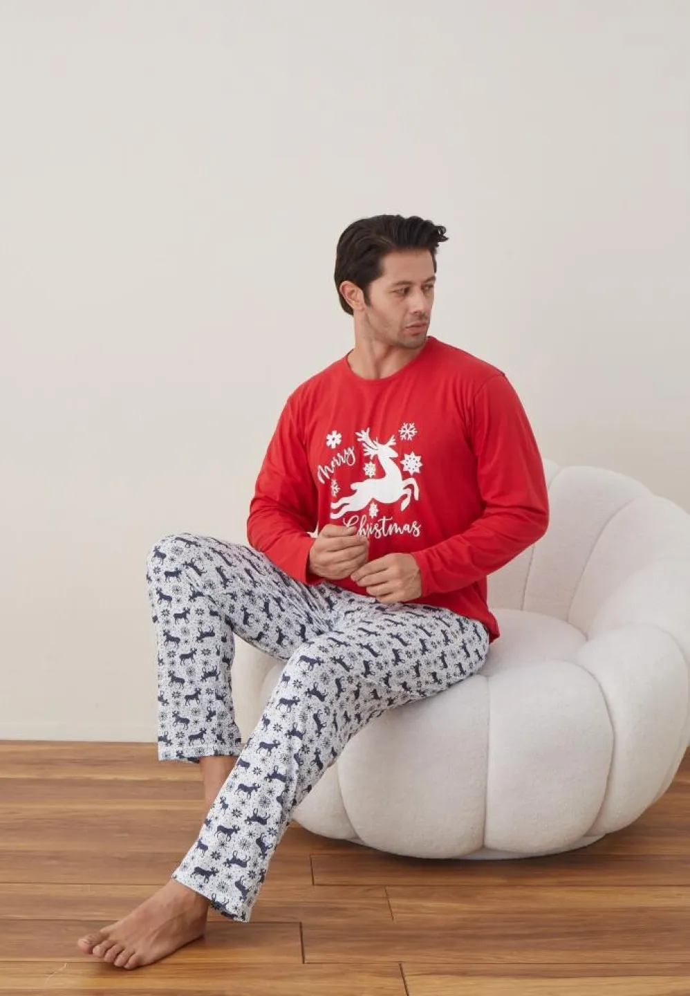 Pijama Crăciun Bărbat, Pantaloni Lungi, Mânecă Lungă, Roșu, Ren - 2