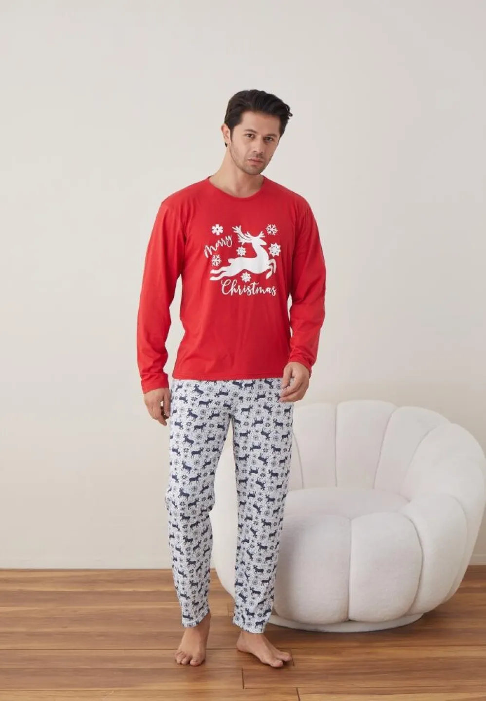 Pijama Crăciun Bărbat, Pantaloni Lungi, Mânecă Lungă, Roșu, Ren - 4