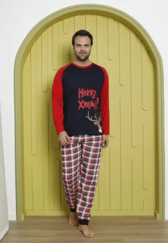 Pijama Crăciun Bărbat, Pantaloni Lungi, Mânecă Lungă, Bleumarin, Merry Xmas