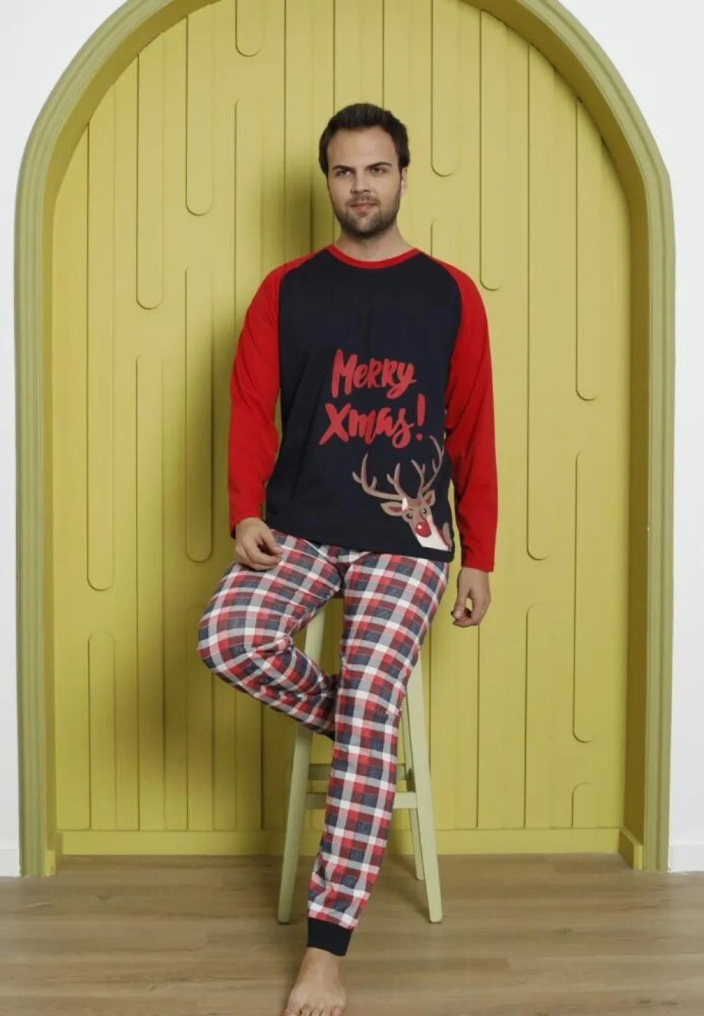 Pijama Crăciun Bărbat, Pantaloni Lungi, Mânecă Lungă, Bleumarin, Merry Xmas - 4