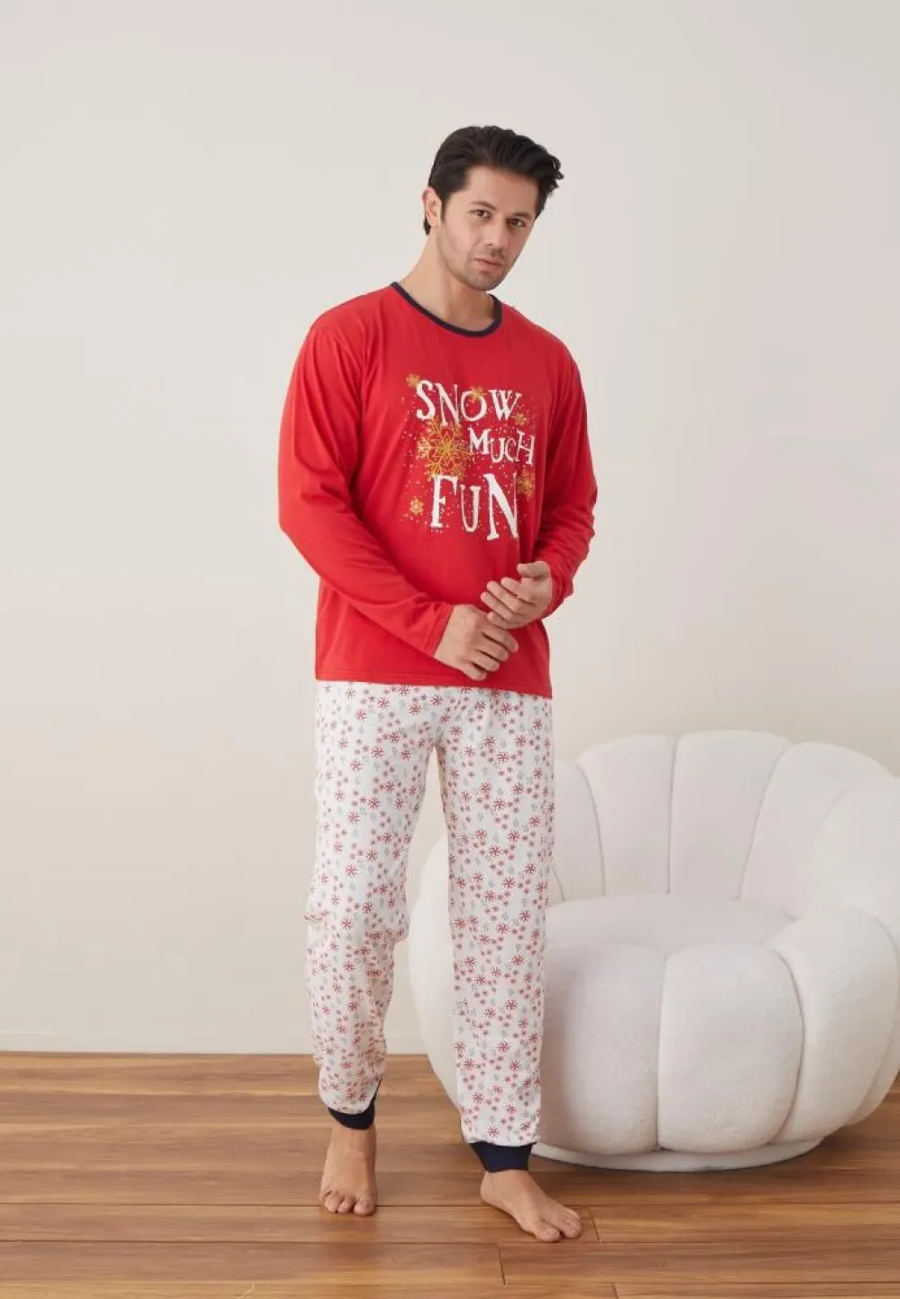 Pijama Crăciun Bărbat, Pantaloni Lungi, Mânecă Lungă, Roșu, Snow Much Fun - 2