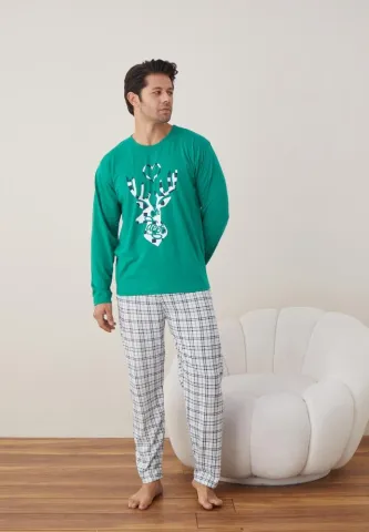 Pijama Craciun Barbat Pantaloni Lungi Maneca Lunga,Verde,Ren