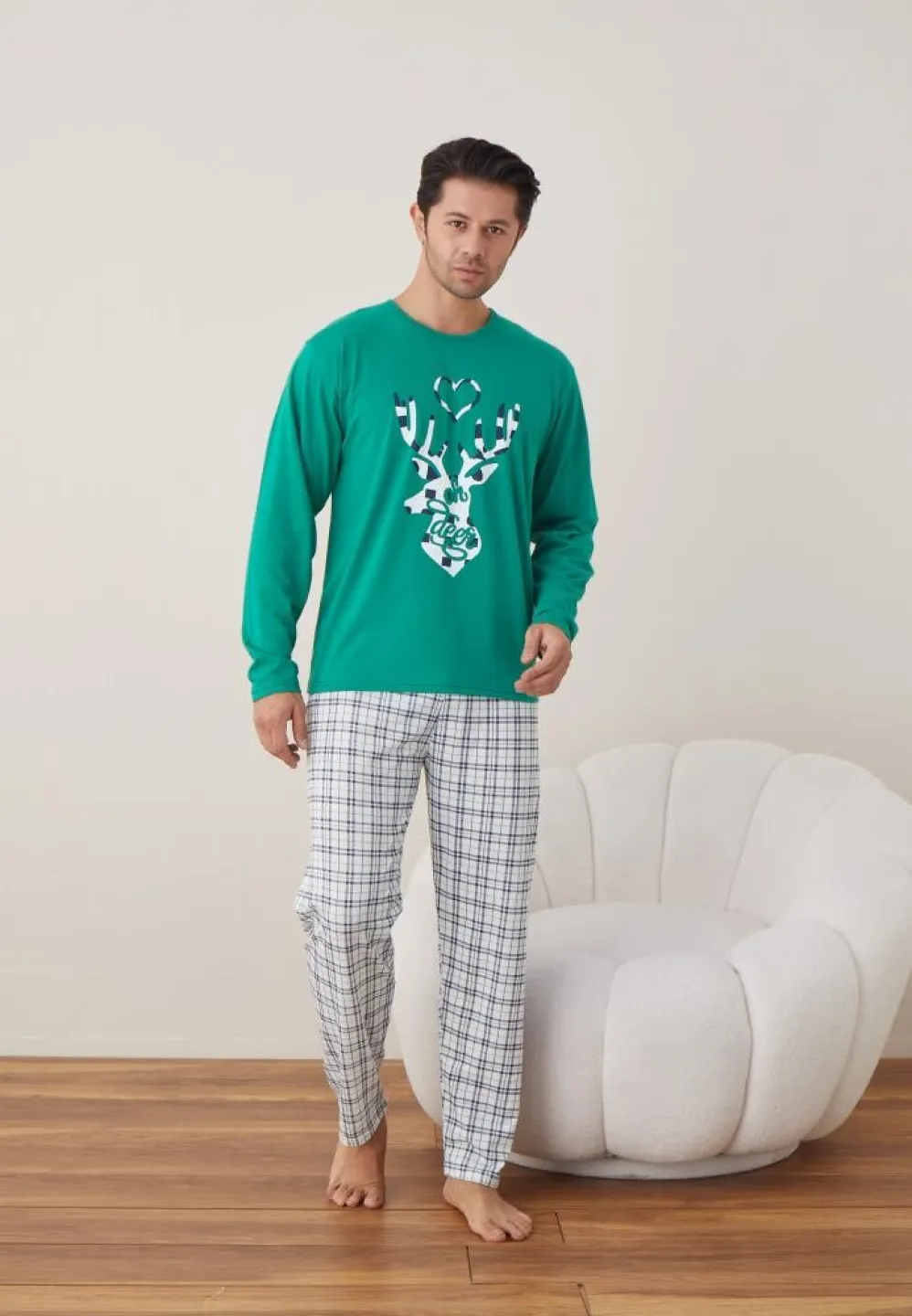 Pijama Crăciun Bărbat, Pantaloni Lungi, Mânecă Lungă, Verde, Ren - 2