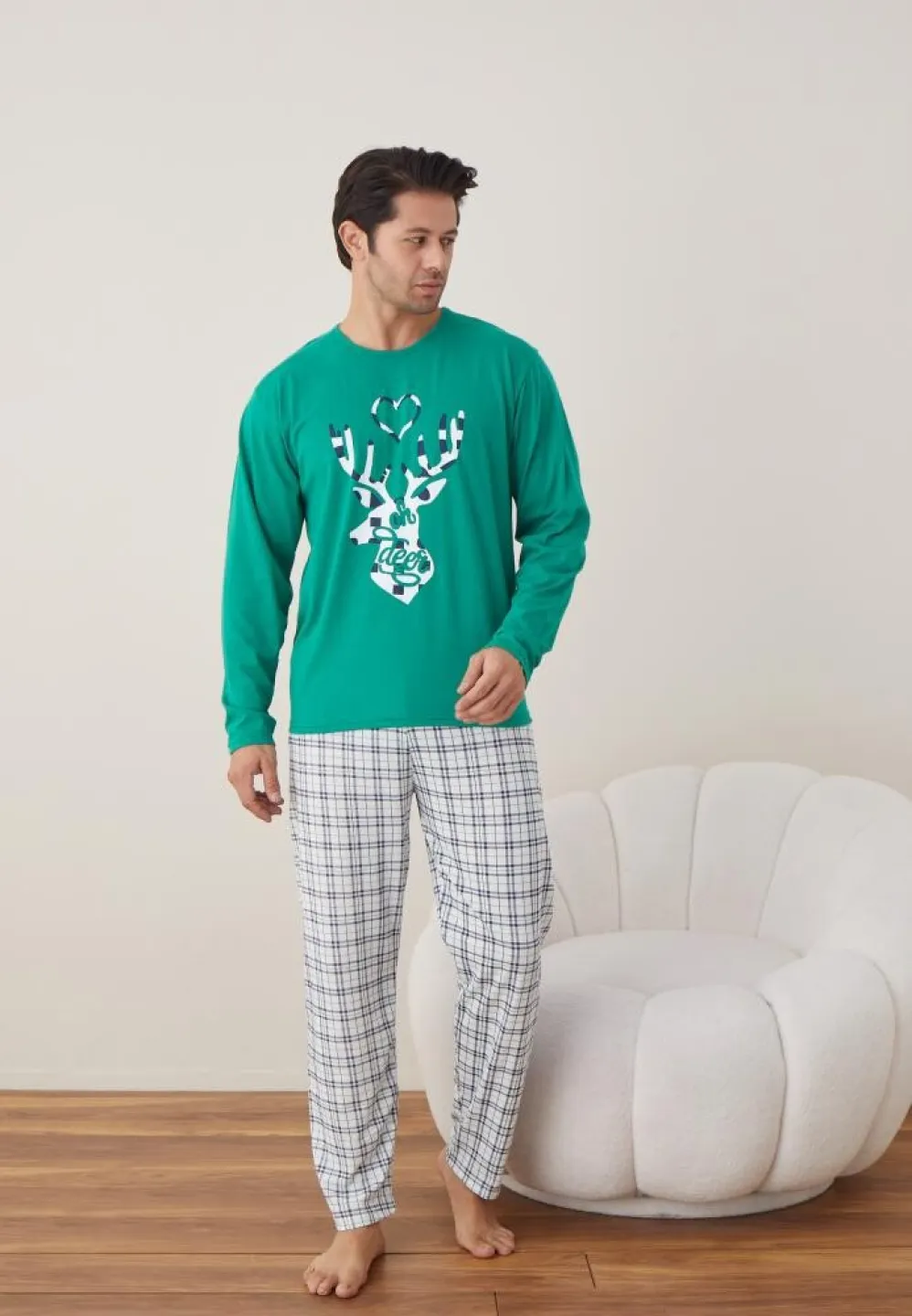 Pijama Crăciun Bărbat, Pantaloni Lungi, Mânecă Lungă, Verde, Ren - 3