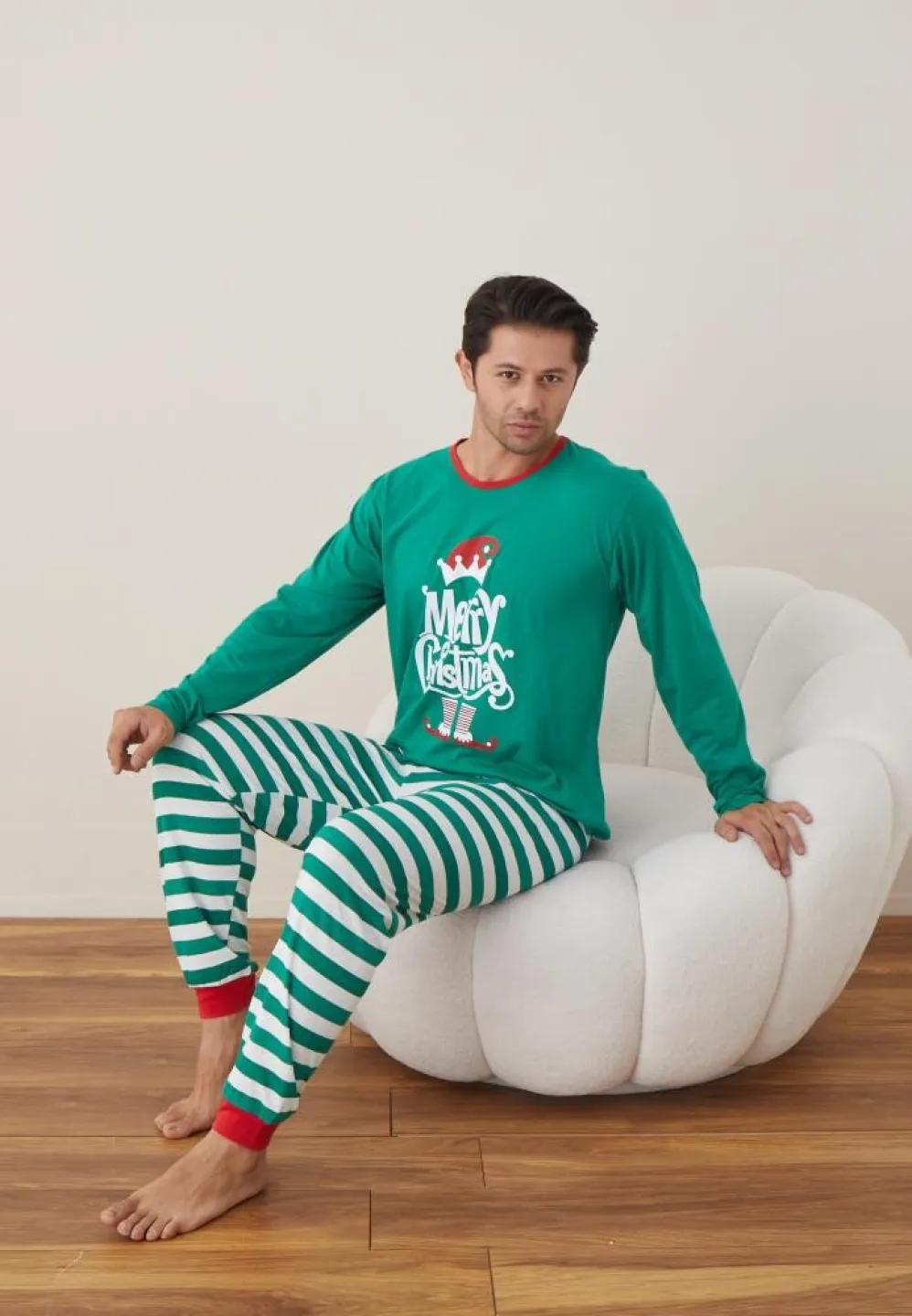 Pijama Crăciun Bărbat, Pantaloni Lungi, Mânecă Lungă, Verde, Merry Christmas - 3
