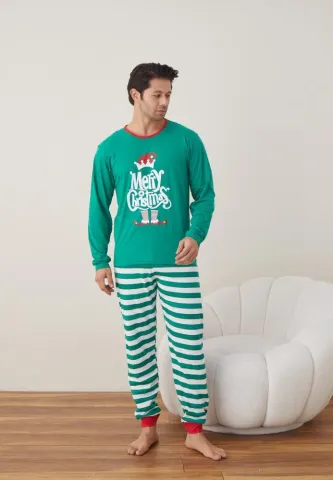 Pijama Crăciun Bărbat, Pantaloni Lungi, Mânecă Lungă, Verde, Merry Christmas