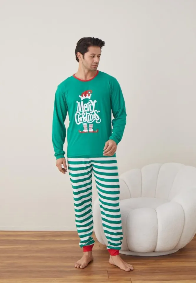 Pijama Crăciun Bărbat, Pantaloni Lungi, Mânecă Lungă, Verde, Merry Christmas