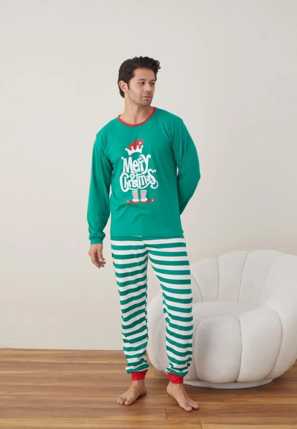Pijama Crăciun Bărbat, Pantaloni Lungi, Mânecă Lungă, Verde, Merry Christmas - 4