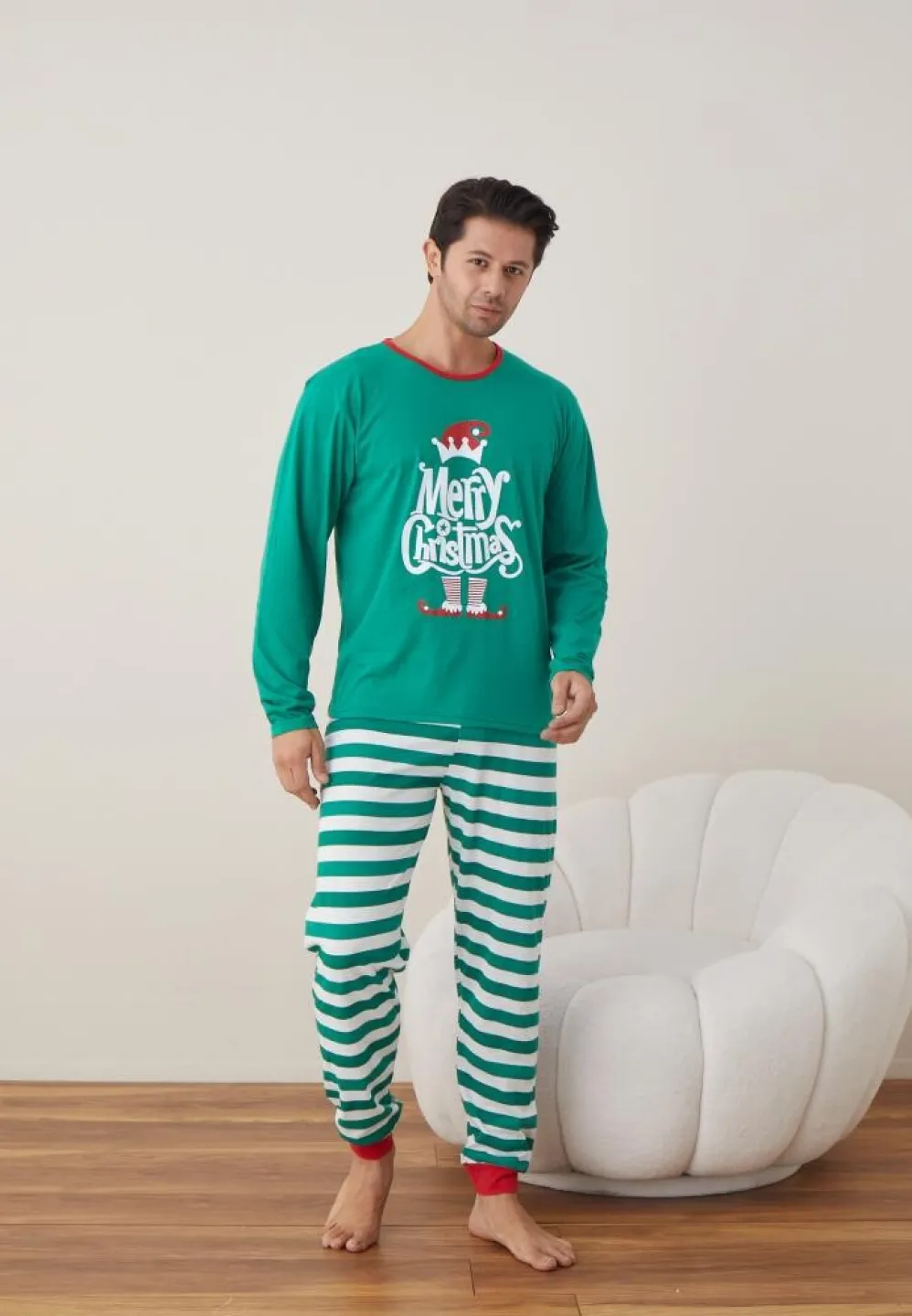 Pijama Crăciun Bărbat, Pantaloni Lungi, Mânecă Lungă, Verde, Merry Christmas - 5