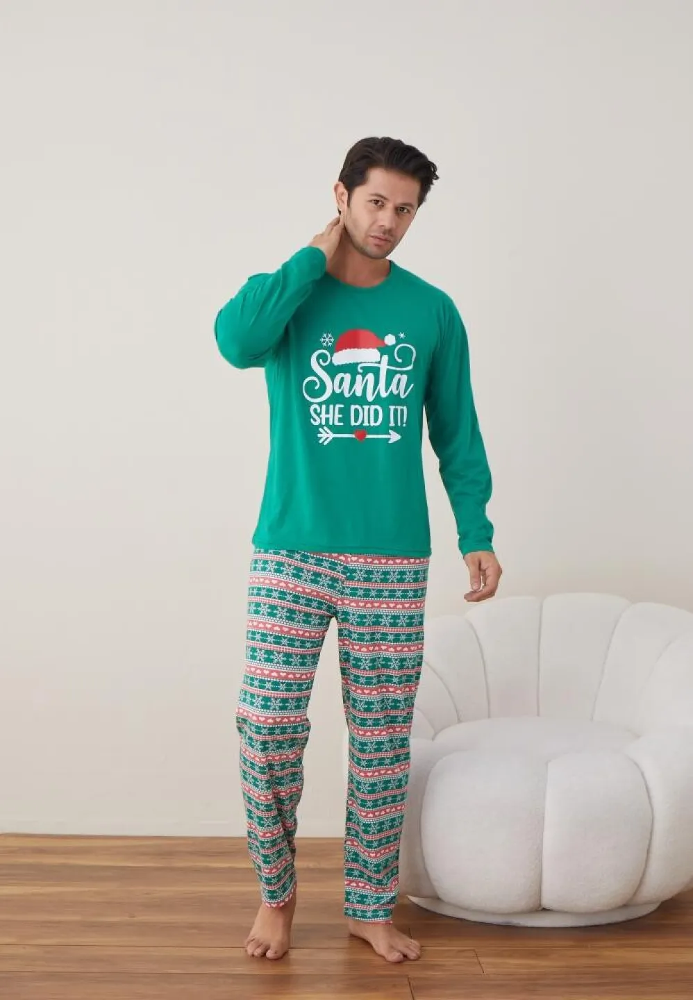 Pijama Crăciun Bărbat, Pantaloni Lungi, Mânecă Lungă, Verde, Santa - 3