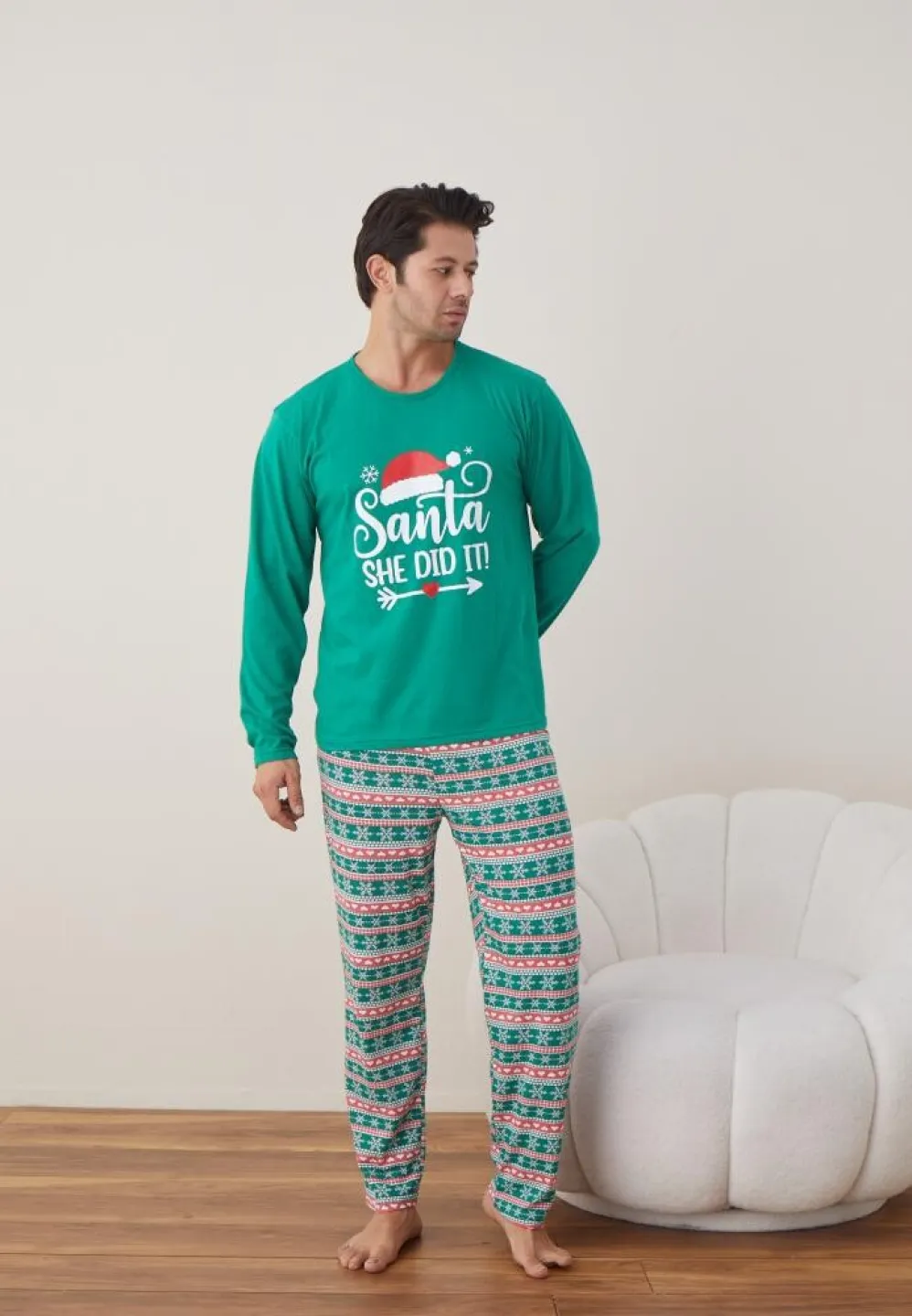 Pijama Crăciun Bărbat, Pantaloni Lungi, Mânecă Lungă, Verde, Santa - 1