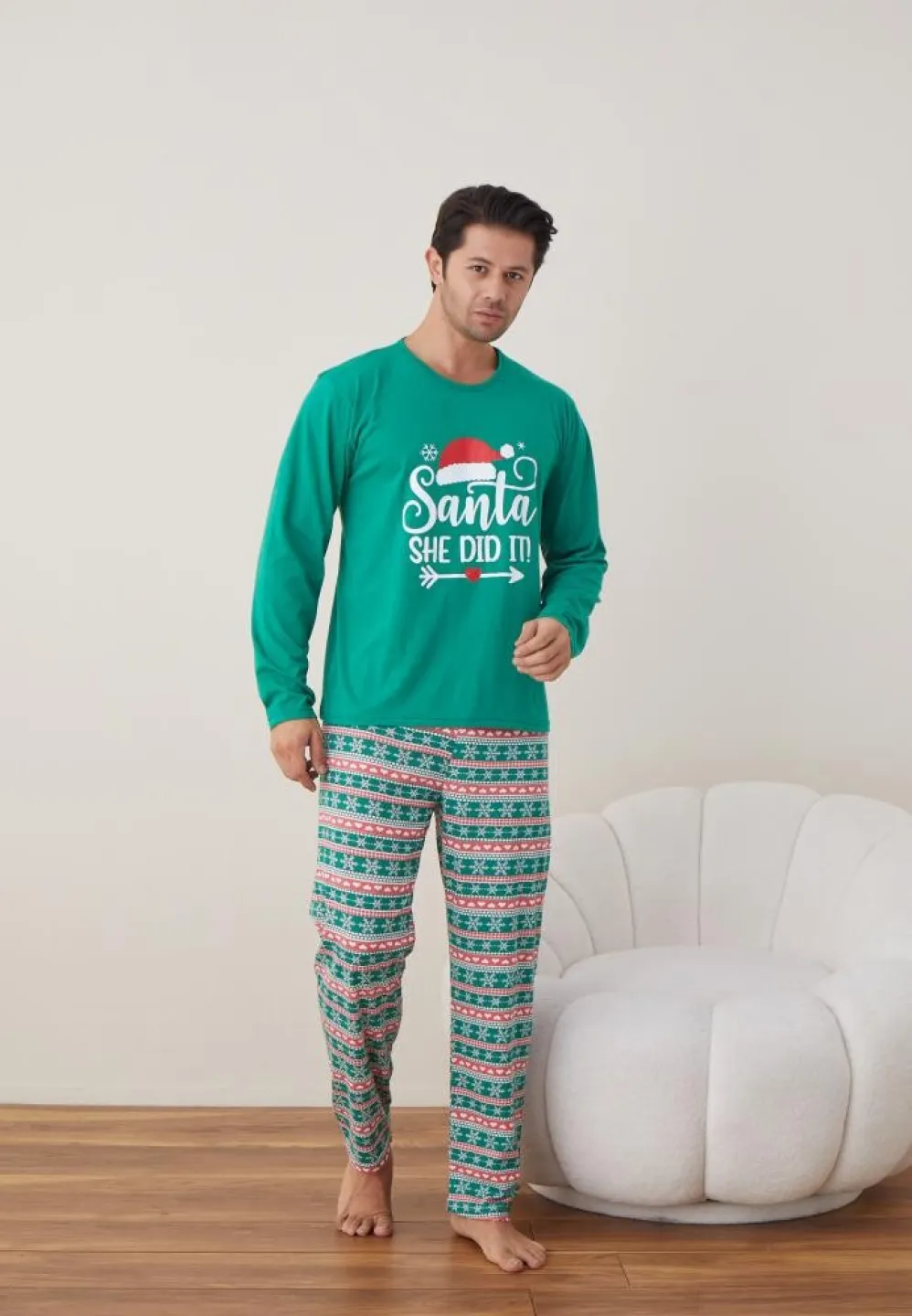 Pijama Crăciun Bărbat, Pantaloni Lungi, Mânecă Lungă, Verde, Santa - 4