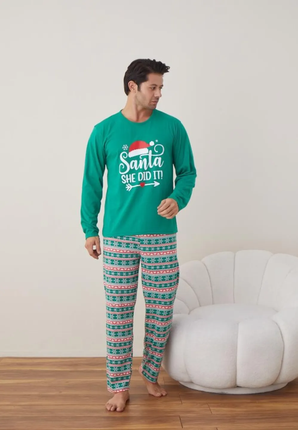 Pijama Crăciun Bărbat, Pantaloni Lungi, Mânecă Lungă, Verde, Santa - 5