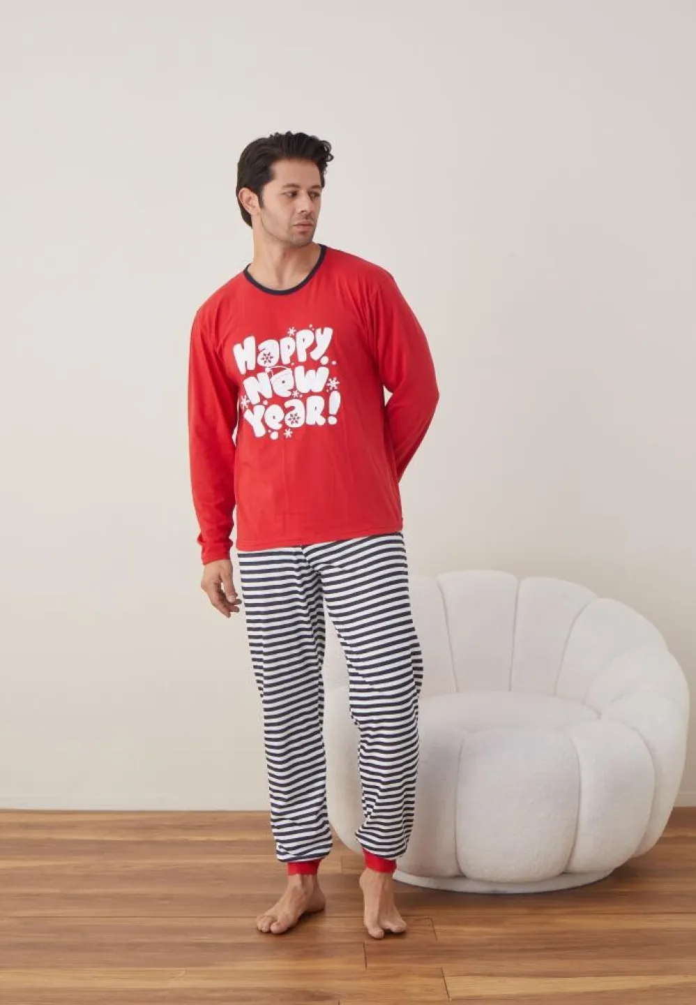 Pijama Crăciun Bărbat, Pantaloni Lungi, Mânecă Lungă, Roșu, Happy New Year! - 2