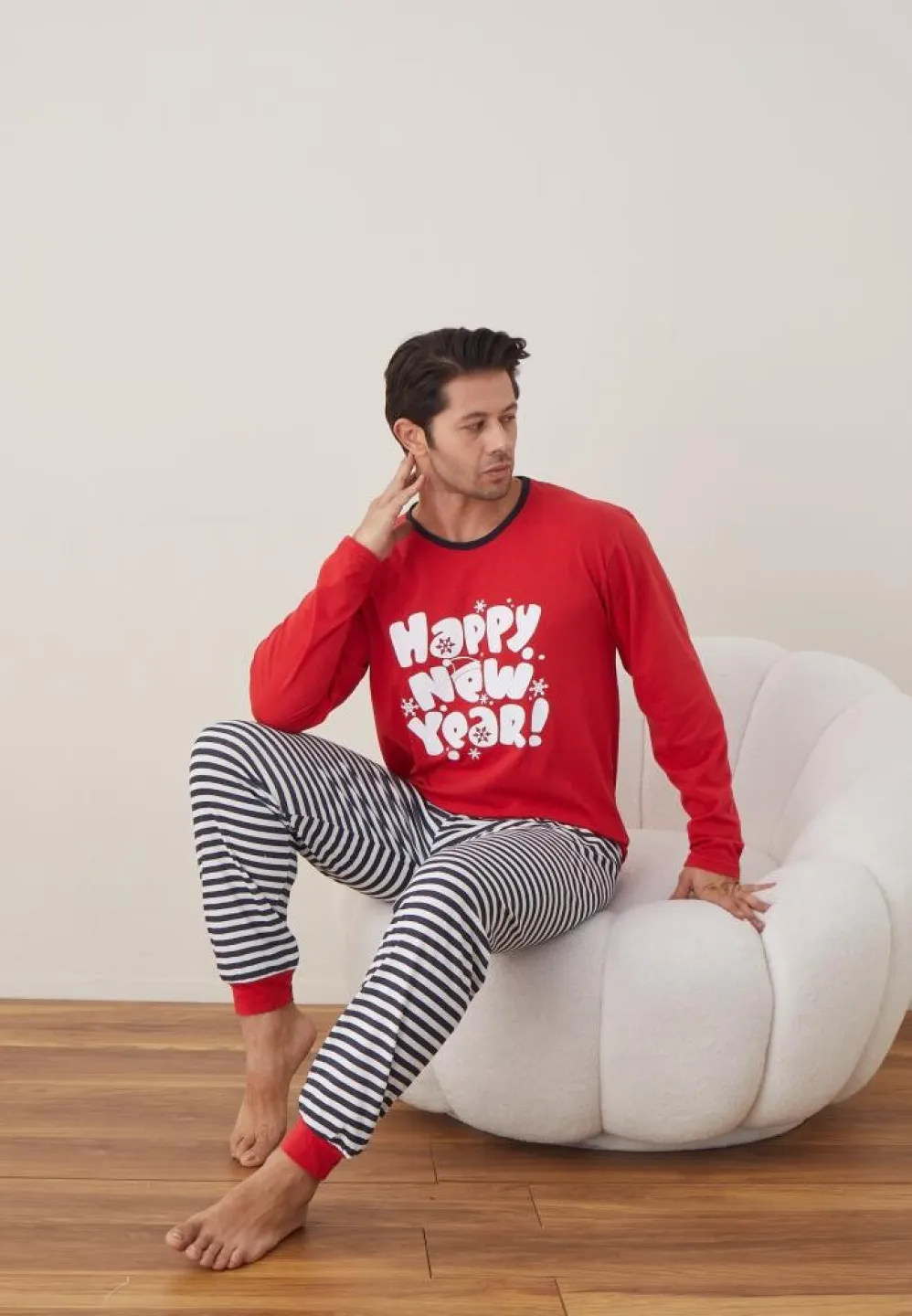 Pijama Crăciun Bărbat, Pantaloni Lungi, Mânecă Lungă, Roșu, Happy New Year! - 3