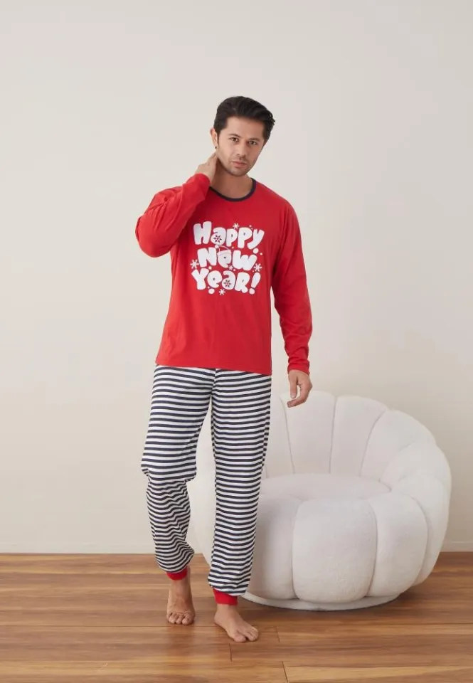 Pijama Crăciun Bărbat, Pantaloni Lungi, Mânecă Lungă, Roșu, Happy New Year!