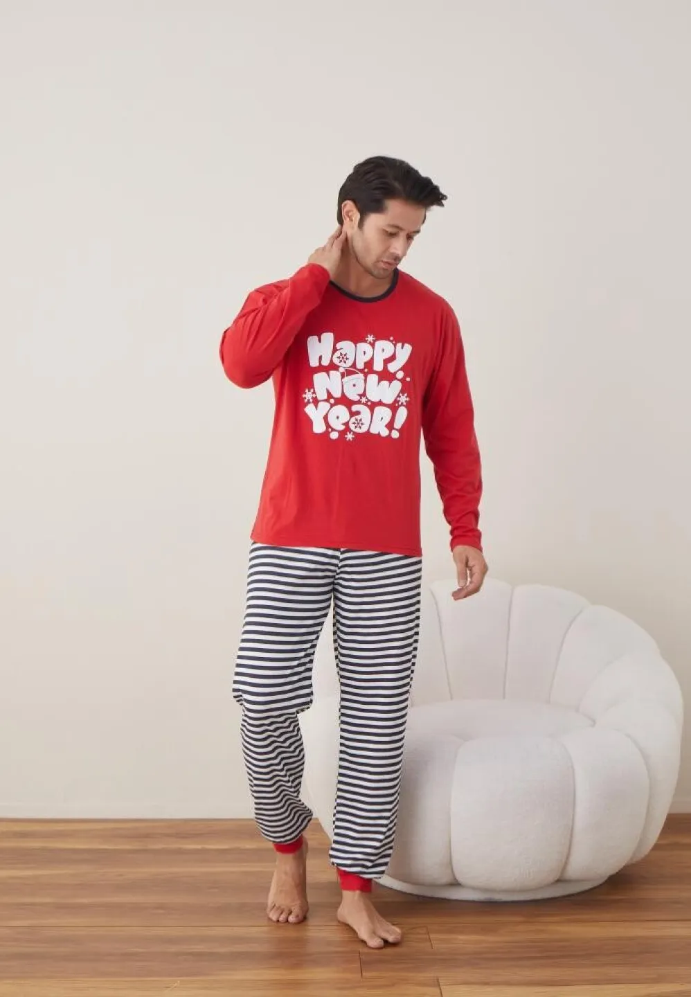 Pijama Crăciun Bărbat, Pantaloni Lungi, Mânecă Lungă, Roșu, Happy New Year! - 5