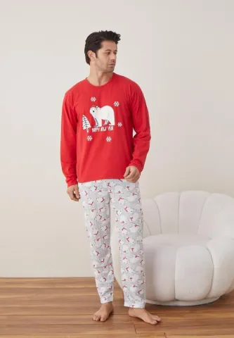 Pijama Crăciun Bărbat, Pantaloni Lungi, Mânecă Lungă, Roșu, Happy New Year