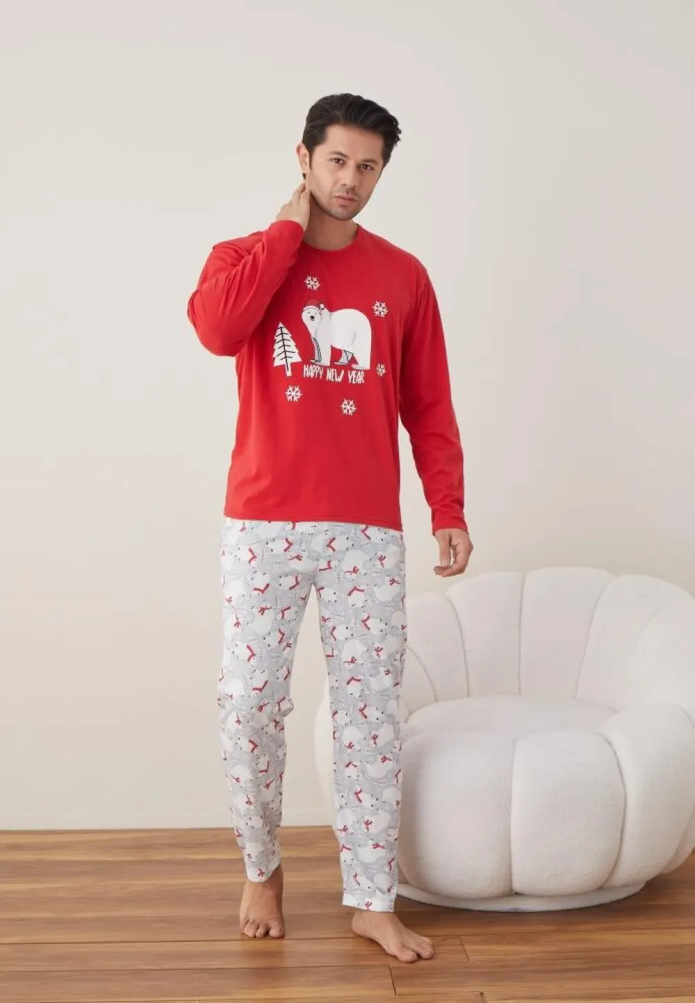 Pijama Crăciun Bărbat, Pantaloni Lungi, Mânecă Lungă, Roșu, Happy New Year - 3