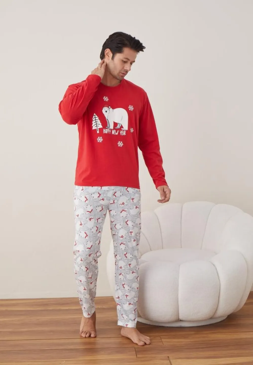 Pijama Crăciun Bărbat, Pantaloni Lungi, Mânecă Lungă, Roșu, Happy New Year - 4