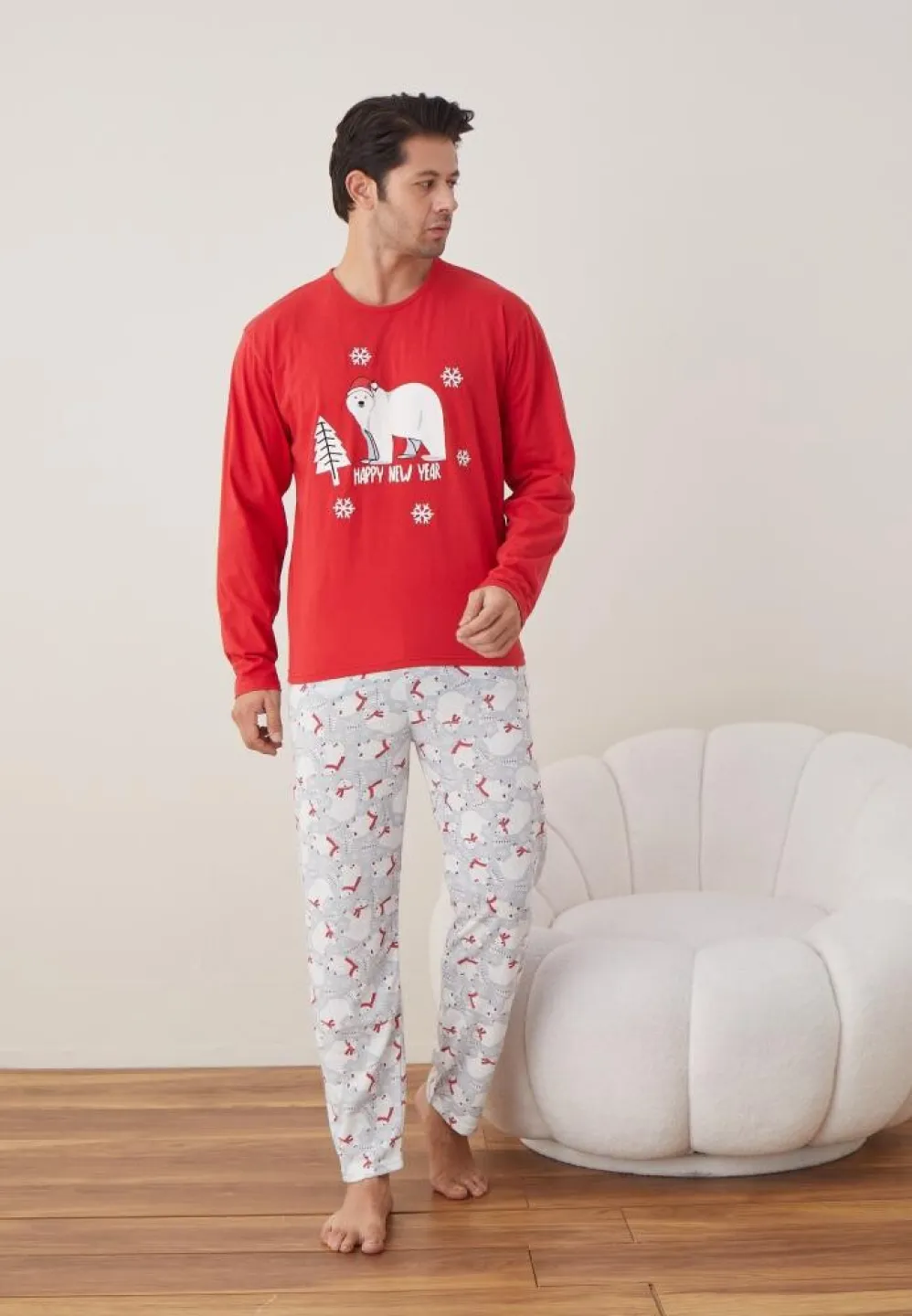 Pijama Crăciun Bărbat, Pantaloni Lungi, Mânecă Lungă, Roșu, Happy New Year - 5